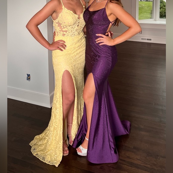 NEW La Femme [ 2 ] Stretch Lace High Slit Gown in Pale Yellow - Picture 13 of 14